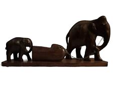 Hand Carved Wood Elephant Statue Figurine Working Pulling Heavy Block Trunk Down picture