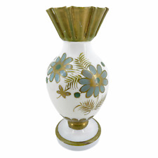 Antique Victorian Bohemian Milk Glass Hand Painted Vase Gold Gilt Ruffled 10.5
