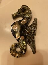 Vintage MCM Kitsch Black 4.5 In Resin Lucite Seahorse Wall Plaque Abalone picture