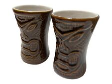 2 vintage Daga Hawaii ceramic tikki tumblers brown w/ white interior 5.25