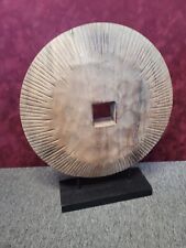 Modern Asian Archaic Style Carved Wood Disc on Stand picture