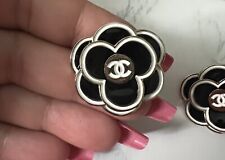 Chanel Vintage Stamped Camellia Metal Logo Black Gold Buttons  32mm  Lot of 2 picture