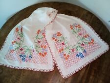 Handmade Embroidered Cutout Floral Table Runner Vintage 1950s Pink Red Flowers picture