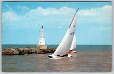 SAILBOATS COMING INTO THE HARBOR AT VERMILION OHIO 1957 VINTAGE POSTCARD picture