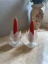 Pair of Vintage Handmade Pressed Clear Frosted Glass Tulip Votives picture