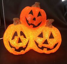 Vintage Halloween Melted Plastic Popcorn Three Pumpkin Light Up Jack O Lantern picture