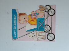 Vintage Greeting Card Birthday 1st Norcross Flocked stroller happy girl preowned picture