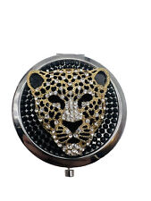 Vintage Leopard Double Mirror Compact Panther Big Cat Crystal 3 inch picture