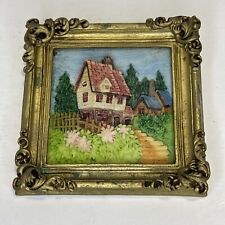 Vintage Country Cottage Cabin House Scene Cottagecore Resin Carved Wall Art 4” picture