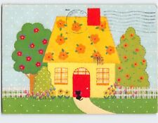 Postcard Greeting Card with House Trees Flowers Cat Art Print picture