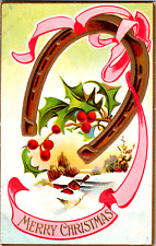 Vintage C. 1910 Merry Christmas Good Luck Horseshoe Winter Farm Postcard picture