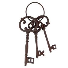 Large Cast Iron Skeleton Jail Keys On Ring Rustic Western Decor Antique Brown picture