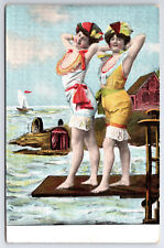 Vintage Antique C1910 Bathing Suit Postcard Two Ladies Walking the Plank picture