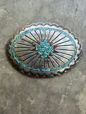 Large Vintage Native American Belt Concho Sterling Turquoise Coral Chip Inlay picture