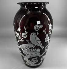 Vintage Anchor Hocking Ruby Royal Red Glass Hoover Vase Hoover White Bird Design picture