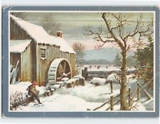 Postcard Merry Christmas and a Happy New Year with Mill Trees Snow Scenery picture