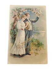 Antique 1908 German Postcard- Spooning Couple Embossed - gold 