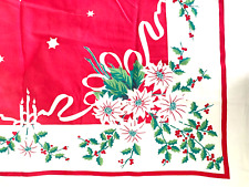 Vtg Cotton Christmas Tablecloth Poinsettia Holly Candles Ribbon  50