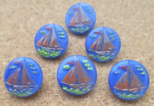 6 - Czech Glass Multi-Colored HP Sail Ship on Round Blue Buttons #45 - 12.47mm picture