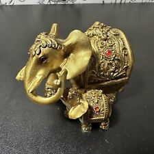 Mother Elephant With Calf Figurine Faux Gold Finished Poly Resin Feng Shui picture