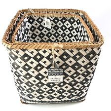 Artisan Market Square Bamboo Baskets Set of 2 Black White Diagonal Weave picture