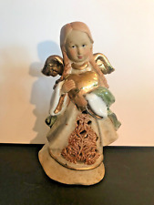 Ceramic Winged Angel holding a Golden Heart Figurine Votive Candle Holder picture