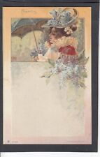 April illustrated postcard w woman in large floral hat holding an umbrella c1907 picture