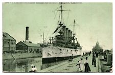 1908 USS Charleston, Cruiser, Entering The Dry Dock, Bremerton, WA Postcard picture