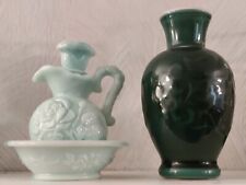Vintage Avon Blue Green Rose Pitcher with Bowl And Vintage Avon Fragranced Vase picture