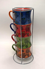 Pier 1 Stackable Owl Coffee Mugs Set 4 Chrome Rack Hand Painted Stoneware picture