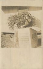 c1907 RPPC Postcard; Girl in Big Post Toasties Box, Terrier Dog Standing Up picture