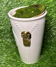 Starbucks 2015 White & Gold Zipper Ceramic Tumbler Coffee Mug Gold Lid 10 Fl Oz picture