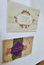 2 Antique Birthday Greetings Postcards Embossed Purple Fabric Roses picture