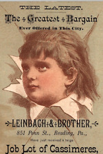 1880s READING PENNSYLVANIA LEINBACH & BROTHER PANTS VICTORIAN TRADE CARD P138 picture
