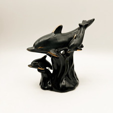 Vintage Dolphin Figurine Slate Gray Gold Ceramic Three Dolphins Swimming Wave picture