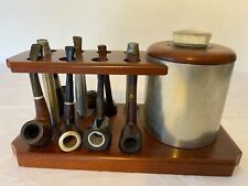 Vintage Pla-Wood Holds 8 Pipe Stand Metal Tobacco Jar Humidor W/ 7 Pipes picture