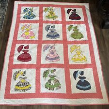 VTG Sun Bonnet Sue Handmade Stitched Quilt CORAL W/ZIG ZAG STITCHES ~68