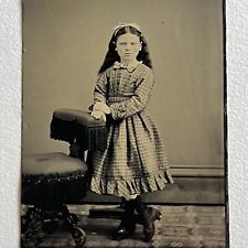 Antique Tintype Photograph Adorable Little Girl Photo Stand Great Plaid Dress picture