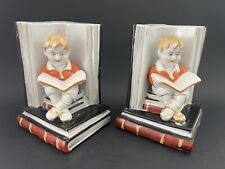 Antique WW11 Era Ceramic Bookends Pair Little Boy Reading Books Nursery Bedroom picture