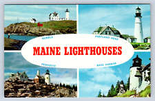 Vintage Postcard Maine Lighthouse Portland Head Bubble Pemaquid Bass Harbor picture