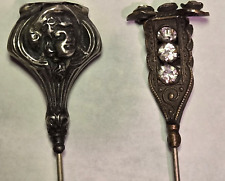2 ANTIQUE HAT PINS RHINESTONES & SILVER WOMAN'S FACE 6-9