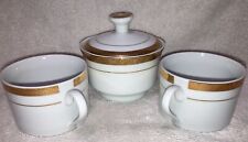 Sango Elegance Georgetown 2 Coffee Tea Cups Sugar Bowl with Lid White Gold Inlay picture