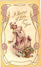 Antique Valentines Day Postcard Pretty Girl Basket of Yellow Roses Daisy Border picture