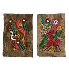 Vintage Mexican Folk Art Paintings Amate Bark Paper 11X7 Set Of 2 picture