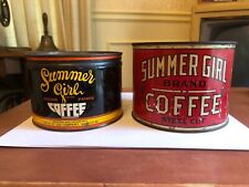 Lot (2x) Vintage Summer Girl 1 lb. Coffee Tins Litho Cans H. D. Lee Mercantile picture