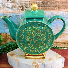VTG Oriental Porcelain Lidded Teapot Decorative Green Gold Gilt Overlay Swirls picture
