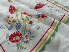 Vintage Bright Print White Linen Tablecloth 54X51 Red Poppies Blue Yellow Green picture