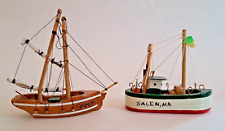 PAIR OF VINTAGE MINIATURE HAND-MADE WOOD MODEL FISHING & SAIL BOATS SALEM MASS picture