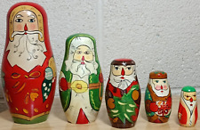 Santa Claus Christmas Wooden Nesting Dolls 5 Piece Hand-painted Vintage picture