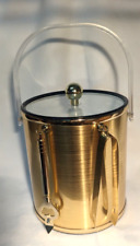 Vintage Gold Ice Bucket, Plastic, Clear Lid, Tongs, and Bottle Opener picture